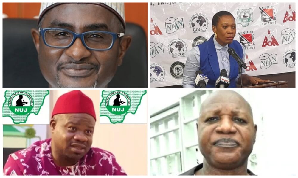 Kabiru  A Yusuf, NPAN President (Top Left) * Maurene Chigbo, National President, Guild of Corporate Online Publishers (GOCOP) (Top Right) * Chris Isiguzo, president of Nigerian Union of Journalists (Bottom Left) * Mustapha Isa, Nigerian Guild of Editors President (Bottom Right)