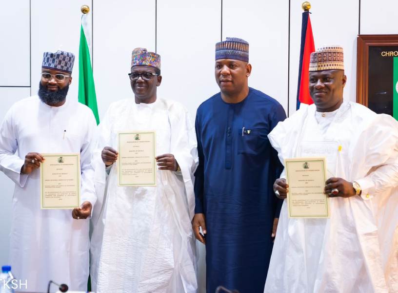 L-R: Executive Vice Chairman, National Agency for Science and Engineering Infrastructure (NASENI), Mr. Khalil Suleiman Halilu; Honorable Minister of State for Defence, Dr Bello Mohammed Matawalle, MON; Honorable Minister of Steel Development, Prince Shuaibu Abubakar Audu, and Permanent Secretary of the Ministry of Defence, Dr. Ibrahim Abubakar Kana, mni at the MoU signing yesterday in Abuja to establish an ammunition production factory at the Defence Industries Corporation (DICON) .