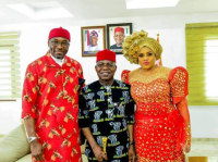  L-R: Rt. Hon. Benjamin Kalu, Deputy Speaker, House of Reps and his wife, and Abia State Governor, Dr Alex Chioma Otti (middle).