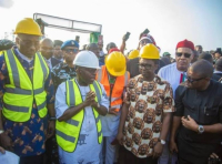 Abia State Governor, Chief Alex Chioma Otti (middle) on white industrial helmet; Deputy Speaker of the House of Representatives, Rt. Hon Benjamin Kalu (extreme left) and other top officials of Abia State Government (right), during the groundbreaking event at Owaza, Ukwa West LGA, on Saturday.