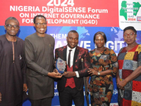 From left: Lead Consulting Strategist, DigitalSENSE Africa, Sir Remmy Nweke, Chairman, Association of Licensed Telecommunications Operators of Nigeria (ALTON), Engr. Gbenga Adebayo, presenting the DigitalSENSE Africa IG4D Ambassador of the decade award to the Managing Director, Wizzyhub Technologies Limited, Mr. Francis Uzor; accompanied by Business Development Consultant, Mrs. Uzor, President/Founder, DNS Women Nigeria, Mrs Nkem Nweke, at the 2024 Nigeria DigitalSENSE Forum (NDSF24) on Internet Governance for Development (IG4D) powered by ITREALMS Media group at esteemed Welcome Centre Hotels, Lagos, last weekend.