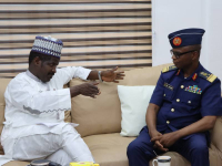 *  Dr Bashir Gwandu, Executive Vice Chairman and Chief Executive Officer (EVC/CEO), National Agency for Science and Engineering Infrastructure (NASENI) explaining a point to Air Vice Marshall (AVM)  S.L. Rabe, Commandant, Air Force Institute of Technology (AFIT), Kaduna when he paid him a working visit at NASENI headquarters in Abuja on Wednesday. 