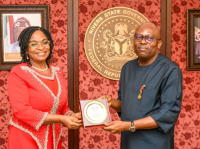 Governor Siminalayi Fubara of Rivers State (right) with Dr (Mrs) Christiana Atako, National President, Nigeria Institute of Management (NIM) at the Government House, Portharcourt on Thursday.