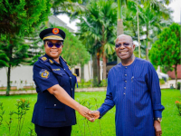 Governor Otti welcomes the Assistant Controller-General of Federal Fire Service, Mrs. Ijeoma Achi-Okidi, who is on a tour of Abia State.