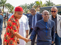 Governor Alex Otti (right) received on arrival at the event by the Secretary to the State Government, Prof Kenneth Kalu.