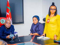 Governor Otti, his wife, Mrs. Priscilla Otti, and Commissioner for Women Affairs and Poverty Alleviation, Mrs. Ngozi Blessing Felix, during the EU team visit.