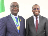 ICPC Chairman, Dr Musa Adamu Aliyu, SAN (right) and the President of CITN, Mr. Samuel Agbeluyi (left) during the CITN President's visit to the ICPC headquarters on Monday 