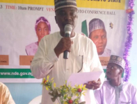 *  Sokoto State Coordinator of NDE, Mustapha Aliyu Goniri, presenting a keynote address on behalf of the Director General of NDE, Malam Nuhu Abubakar Fipko. Photo by: Ankeli Emmanuel, in Sokoto State.