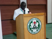 *  Mr Abdulganiyu Abubakar, National President,  NACTAL NIGERIA, making his presentation in support of the amendment of TIPPEA Act 2015 before the House Committee on Human Rights at the National Assembly Complex, Abuja on Monday. 