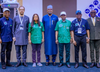 L-R: Executive Vice President, Gas, Power & New Energy, Mr. Olalekan Ogunleye; Chairman of the Oil Producers Trade Section (OPTS) and MD of TotalEnergies Upstream Companies in Nigeria, Matthieu Bouyer; Permanent Secretary, Ministry of Petroleum Resources, Mrs. Patience Oyekunle; Board Chairman, NNPC Ltd, Engr. Ahmadu Musa-Kida; Minister of State for Petroleum Resources (Gas), Rt. Hon. Ekperikpe Ekpo; GCEO NNPC Ltd, Engr. Bashir Bayo Ojulari and Chairman of the Independent Petroleum Producers Group (IPPG) and CEO of Aradel Holdings, Mr. Adegbite Falade during the Official Launch of the NNPC Gas Master Plan 2026 in Abuja, on Friday.