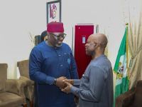*  Governor Otti (right) welcomes the Delta State Governor, Sheriff Oborevwori, to his residence.