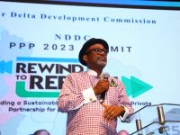 *  Engr. Simbi Kesiye Wabote, Executive Secretary of the Nigerian Content Development and Monitoring Board (NCDMB), making a presentation at the NDDC Public-Private Partnership Summit 2023 held in Lagos on Tuesday.