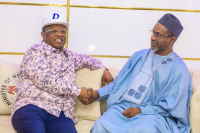  Engr. David Nweze Umahi, Minister of Works (left) and Hon. Balarabe Abbas Lawal, Minister of Environment (right) during their meeting at Umahi's Office on Wednesday.