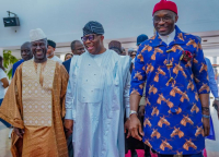 Senate President of Nigeria, Senator Godswill AKPABIO (middle); Nigeria's Deputy Speaker, House of Representatives, Rt. Hon. Benjamin Kalu (right) and Speaker of the Cote d'Ivoire Parliament, Rt. Hon. Adama Bictogo (left), during the arrival, on Thursday, in Abdijan, capital of Côte d'Ivoire by Akpabio as leader of Federal Government delegation to the quarter final football match between Nigeria's Super Eagles and the Palancas Negras of Angola.