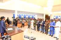 L-R: Dr Ovy Orluideye Chinendum Chukwuma; Mr Tambari Sydney Gbara; Hon Basoene Joshua Benibo; Hon Elloka Tasie Amadi; Dr Peter Medee; Hon Prince Solomon Abel Eke; Barrister Collins Onunwo; and Hon Prince Charles Bekee; reading their oath of office while the Rivers State Governor, Sir Siminalayi Fubara (left); watches during the swearing-in of eight new commissioners-designate at the Executive Council Chambers of Government House, Port Harcourt on Tuesday.