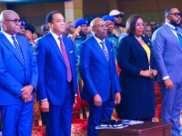Rivers State Governor, Sir Siminalayi Fubara (middle); his Deputy, Prof Ngozi Odu (2nd right);  former Governor of Cross River State, Mr Donald Duke (2nd left); Speaker, Rivers State House of Assembly, Rt Hon Victor Oko-Jumbo (right); and former Deputy Governor of Central Bank of Nigeria (CBN), Prof Kingsley Moghalu (left); during the opening session of the Rivers State Economic and Investment Summit at Obi Wali International Conference Centre in Port Harcourt on Wednesday. 